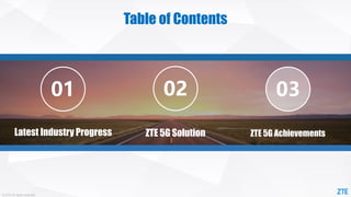 © ZTE All rights reserved
Table of Contents
Latest Industry Progress
01 02 03
ZTE 5G Solution ZTE 5G Achievements
 