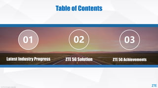 © ZTE All rights reserved
Table of Contents
Latest Industry Progress
01 02 03
ZTE 5G Solution ZTE 5G Achievements
 