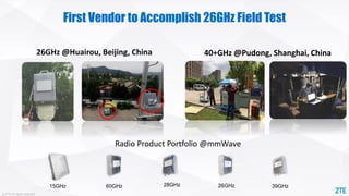 © ZTE All rights reserved
First Vendor to Accomplish 26GHz Field Test
60GHz 28GHz
15GHz 26GHz 39GHz
26GHz @Huairou, Beijing, China
Test AAU
26GHz AAU
40+GHz @Pudong, Shanghai, China
Radio Product Portfolio @mmWave
 