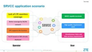 16
Secret▲
© ZTE All rights reserved
SRVCC application scenario
SRVCC capable terminals
High quality requirement
users
Simultaneous Voice and
data services requirements
Lack of LTE seamless
coverage
Better coverage by 2G/3G
network
EPC supports the function
User
SRVCC
VoLTE based on IMS already
deployed
Operator
 