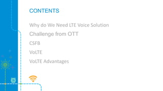 CONTENTS
Why do We Need LTE Voice Solution
Challenge from OTT
CSFB
VoLTE
VoLTE Advantages
 