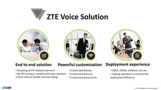 © ZTE Corporation. All rights reserved.
ZTE Voice Solution
End to end solution Powerful customization Deployment experience
• Providing all LTE network elements
• No IOT testing is needed with voice solutions
• Short time to market and cost saving
• Customized devices
• Customized features
• Customized equipments
• CMCC, CMHK, Softbank, CSL etc.
• Helping operators to enhance the
deployment efficiency.
 