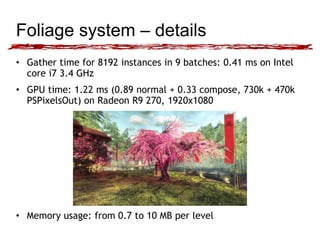 Foliage system – details 
• Gather time for 8192 instances in 9 batches: 0.41 ms on Intel 
core i7 3.4 GHz 
• GPU time: 1.22 ms (0.89 normal + 0.33 compose, 730k + 470k 
PSPixelsOut) on Radeon R9 270, 1920x1080 
• Memory usage: from 0.7 to 10 MB per level 
 