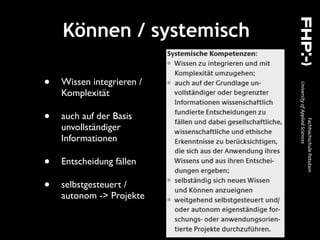 Können / systemisch
• Wissen integrieren /
Komplexität
• auch auf der Basis
unvollständiger
Informationen
• Entscheidung fällen
• selbstgesteuert /
autonom -> Projekte
 