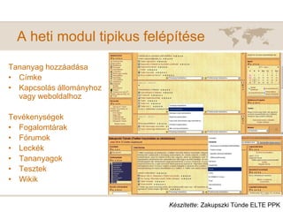 A heti modul tipikus felépítése
Tananyag hozzáadása
• Címke
• Kapcsolás állományhoz
vagy weboldalhoz
Tevékenységek
• Fogalomtárak
• Fórumok
• Leckék
• Tananyagok
• Tesztek
• Wikik
Készítette: Zakupszki Tünde ELTE PPK
 