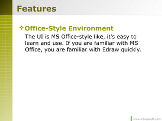 www.edrawsoft.com
Features
Office-Style Environment
The UI is MS Office-style like, it's easy to
learn and use. If you are familiar with MS
Office, you are familiar with Edraw quickly.
 