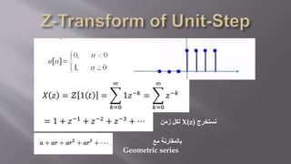 ‫نستخرج‬X(z)‫زمن‬ ‫لكل‬
‫مع‬ ‫بالمقارنة‬
Geometric series
 