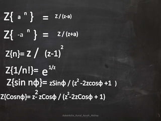 Z{}n=aZ / (z-a)Z{n}=-aZ / (z+a)2Z{n}= z / (z-1)Z{1/n!}=e1/zZ{sin nф}= zSinф / (z  -2zcosф +1  )22 2Z{Cosnф}= z- zCosф / (z -2zCosф + 1)Aakanksha_Kunal_Ayush_Akshay
