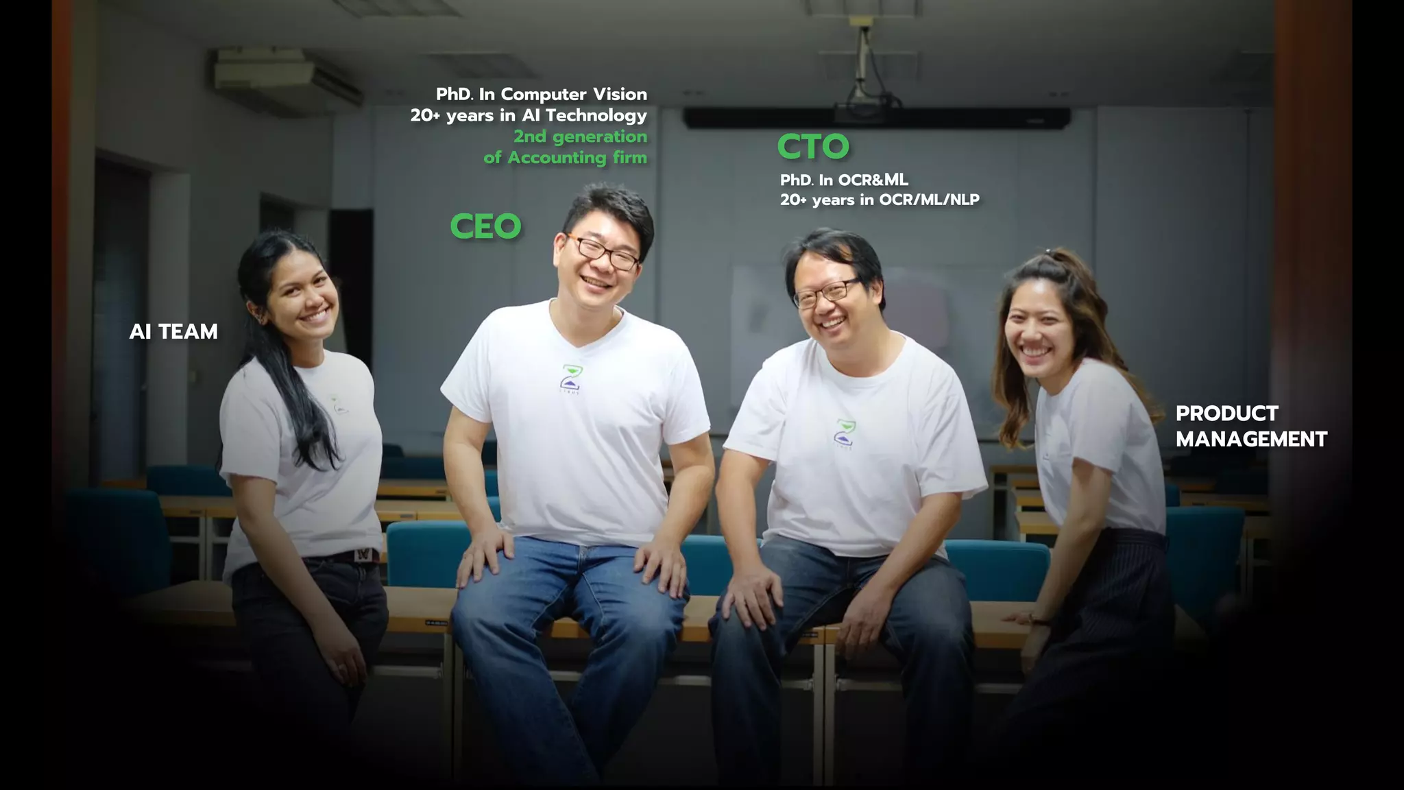 CTO
PhD. In OCR&ML
20+ years in OCR/ML/NLP
CEO
PhD. In Computer Vision
20+ years in AI Technology
2nd generation
of Accounting firm
PRODUCT
MANAGEMENT
AI TEAM
 
