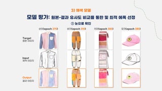 ① 눈으로 확인
3) 채색 모델
모델 평가: 원본-결과 유사도 비교를 통한 및 최적 에폭 선정
치마(epoch 300)
바지(epoch 310) 모자(epoch 280)
Target
원본 이미지
Input
채색 이미지
Output
결과 이미지
상의(epoch 270)
 