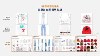4) 검색 결과 도출
원하는 의류 검색 결과
Input
채색 이미지
Output
결과 이미지
HTML
검색 결과
 