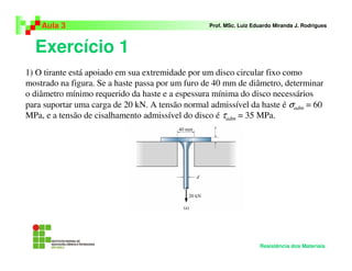 Exercício 1
Aula 3 Prof. MSc. Luiz Eduardo Miranda J. Rodrigues
Resistência dos Materiais
1) O tirante está apoiado em sua extremidade por um disco circular fixo como
mostrado na figura. Se a haste passa por um furo de 40 mm de diâmetro, determinar
o diâmetro mínimo requerido da haste e a espessura mínima do disco necessários
para suportar uma carga de 20 kN. A tensão normal admissível da haste é σadm = 60
MPa, e a tensão de cisalhamento admissível do disco é τadm = 35 MPa.
 