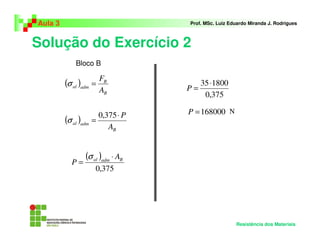 Solução do Exercício 2
Aula 3 Prof. MSc. Luiz Eduardo Miranda J. Rodrigues
Resistência dos Materiais
( )
B
B
admal
A
F
=σ
( )
B
admal
A
P⋅
=
375,0
σ
( )
375,0
Badmal A
P
⋅
=
σ
375,0
180035⋅
=P
168000=P N
Bloco B
 
