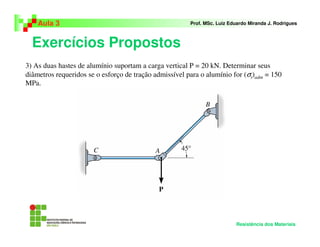 Exercícios Propostos
Aula 3 Prof. MSc. Luiz Eduardo Miranda J. Rodrigues
Resistência dos Materiais
3) As duas hastes de alumínio suportam a carga vertical P = 20 kN. Determinar seus
diâmetros requeridos se o esforço de tração admissível para o alumínio for (σt)adm = 150
MPa.
 