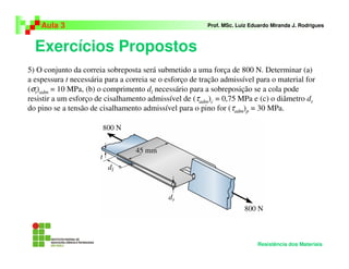 Exercícios Propostos
Aula 3 Prof. MSc. Luiz Eduardo Miranda J. Rodrigues
Resistência dos Materiais
5) O conjunto da correia sobreposta será submetido a uma força de 800 N. Determinar (a)
a espessura t necessária para a correia se o esforço de tração admissível para o material for
(σt)adm = 10 MPa, (b) o comprimento dl necessário para a sobreposição se a cola pode
resistir a um esforço de cisalhamento admissível de (τadm)c = 0,75 MPa e (c) o diâmetro dr
do pino se a tensão de cisalhamento admissível para o pino for (τadm)p = 30 MPa.
 