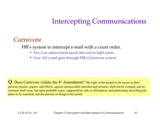 A Gift of Fire, 2ed Chapter 3: Encryption and Interception of Communications 10
Intercepting Communications
Carnivore
FBI’s system to intercept e-mail with a court order.
• Pro: Law enforcement needs this tool to fight crime.
• Con: All e-mail goes through FBI’s Carnivore system.
Q: Does Carnivore violate the 4th
Amendment? The right of the people to be secure in their
persons, houses, papers, and effects, against unreasonable searches and seizures, shall not be violated, and no
warrants shall issue, but upon probable cause, supported by oath or affirmation, and particularly describing the
place to be searched, and the persons or things to be seized.
 