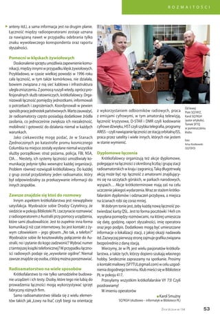 53
R O Z M A I T O Ś C I
Życie Uczelni nr 134
anteny itd.), a sama informacja jest na drugim planie.
Łączność między radiooperatorami zostaje uznana
za nawiązaną nawet w przypadku odebrania tylko
znaku wywoławczego korespondenta oraz raportu
słyszalności.
Pomocni w klęskach żywiołowych
Doskonaleniesprzętuumożliwiazapewnieniekomu-
nikacji,międzyinnymiwprzypadkuklęskżywiołowych.
Przykładowo, w czasie wielkiej powodzi w 1996 roku
cała łączność, w tym także komórkowa, nie działała,
bowiem związana z nią sieć kablowa i infrastruktura
uległazniszczeniu.Zpomocąruszyliwtedy,opróczpro-
fesjonalnych służb ratowniczych, krótkofalowcy. Orga-
nizowali łączność pomiędzy jednostkami, informowali
o potrzebach i zagrożeniach. Koordynowali w pewien
sposóbpracęjednostekpaństwowych.Wartozauważyć,
że radioamatorzy często posiadają dodatkowe źródła
zasilania, co jednocześnie zwiększa ich niezależność,
mobilność i gotowość do działania niemal w każdych
warunkach.
Jako ciekawostkę mogę podać, że w Stanach
Zjednoczonych po katastrofie promu kosmicznego
Columbia na miejsce zostały wysłane niemal wszystkie
służby porządkowe: straż pożarna, policja, FBI, NSA,
CIA… Niestety, ich systemy łączności umożliwiały ko-
munikację jedynie tylko wewnątrz każdej organizacji.
Problem również rozwiązali krótkofalowcy. Do każdej
z grup został przydzielony jeden radioamator, który
był odpowiedzialny za przekazywanie informacji do
innych zespołów.
Zawsze znajdzie się ktoś do rozmowy
Innym aspektem krótkofalarstwa jest niewątpliwie
satysfakcja. Wyobraźcie sobie Drodzy Czytelnicy, że
siedziciewpokojuBibliotekiPŁizaczynacierozmawiać
z radiooperatorem z Australii przy pomocy urządzenia,
które sami zbudowaliście. Jest to zupełnie inna forma
komunikacji niż czat internetowy, bo jest kontakt z ży-
wym człowiekiem – jego głosem. „No tak, a telefon?”
Wyobraźcie sobie ile kosztowałoby połączenie do Au-
stralii, no i pytanie do kogo zadzwonić?Wybrać numer
ztamtejszejksiążkitelefonicznej?Wprzypadkułączno-
ści radiowych podaje się „wywołanie ogólne”. Niemal
zawszeznajdziesięosoba,zktórąmożnaporozmawiać.
Radioamatorstwo na wiele sposobów
Krótkofalarstwo to nie tylko samodzielne budowa-
nie urządzeń i ich testy. Osoby, które tego nie lubią do
prowadzenia łączności mogą wykorzystywać sprzęt
fabryczny różnych firm.
Samo radioamatorstwo składa się z wielu elemen-
tów takich jak „Łowy na lisa”, czyli biegi na orientację
z wykorzystaniem odbiorników radiowych, praca
z emisjami cyfrowymi, w tym amatorską telewizją,
łączność kryzysowa, D-STAR i DMR czyli kodowanie
cyfrowedźwięku,HSTczyliszybkatelegrafia,programy
ARISS–czylinawiązaniełącznościzestacjąorbitalnąISS,
praca przez satelity i wiele innych, których nie jestem
w stanie wymienić.
Dyplomowe łączenia
Krótkofalowcy organizują też akcje dyplomowe,
polegającenałącznościzokreślonąliczbąigrupąstacji
radioamatorskichwkrajuizagranicą.Takądługotrwałą
akcją może być np. łączność z amatorami znajdujący-
mi się na szczytach górskich, w parkach narodowych,
wyspach… Akcje krótkoterminowe mają zaś na celu
uczczeniejakiegośwydarzenia.Wrazzestażemkrótko-
falarskim dyplomów i odznaczeń przybywa, a miejsca
na ścianach robi się coraz mniej.
W dobrym tonie jest, żeby każdą nową łączność po-
twierdzać kartą QSL. Jest to forma pocztówki 14x9 cm
wysyłana pomiędzy rozmówcami, na której umieszcza
się datę, godzinę, raport słyszalności, imię operatora
oraz jego podpis. Dodatkowo mogą być umieszczane
informacje o lokalizacji stacji, z jakiej okazji nadawała
itd.Zazwyczajpierwsząstronęzajmujegrafikazwiązana
bezpośrednio z daną stacją.
Wierzymy, że w PŁ jest wielu pasjonatów krótkofa-
larstwa, a także tych, którzy dopiero szukają własnego
hobby. Serdecznie zapraszamy na spotkanie. Prosimy
okontaktmailowy(SP7TUL@gmail.com)wceluuzgod-
nieniadogodnegoterminu.KlubmieścisięwBibliotece
PŁ w pokoju 417.
Przesyłamy wszystkim krótkofalarskie VY 73! Czyli
pozdrawiamy!
W imieniu operatorów
n Karol Smużny
SQ7KGH (służbowo – informatyk w Bibliotece PŁ)
Od lewej:
Piotr SQ7AYZ,
Karol SQ7KGH
(autor artykułu),
Tomek SP7Q
w pomieszczeniu
klubu
foto:
Artur Kostkowski
(SQ7OFD)
„
 