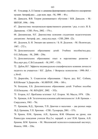 163
65. Готсдинер, А. Л. Генезис и динамика формирования способности к восприятию
музыки: Автореф.дисс….д-ра псих. наук. -М., 1989. - 44 с.
66. Давыдов, В.В. Теория развивающего обучения / В.В. Давыдов. - М.:
ИНТОР, 1996. - 544с
67. Диагностика эмоционально-нравственного развития / ред. и сост. И. Б.
Дерманова. - СПб.: Речь, 2002. - 176 с.
68. Дмошинская, Н.Г. Диагностика освоения студентами педагогических
дисциплин: Автореф. дис…канд.пед.наук. - СПб.,2004. -22с.
69. Додонов, Б. И. Эмоция как ценность / Б. И. Додонов. - М.: Политиздат,
1987. - 272 с.
70. Дополнительное образование детей: Учебное пособие/под.ред.
О.Е.Лебедева. - М., 2000. - 256с.
71. Дополнительное образование: опыт и перспективы развития /
Под.науч.ред. С.В.Сальцевой. - М.,1997. - 135с.
72. Дубов, И.Г. Эффекты индивидуально-специфического влияния личности
педагога на учащегося / И.Г. Дубов. // Вопросы психологии.- 1990.-№5. -
с.56-65.
73. Дюркгейм, Э. Социология образования. / Научн. ред. В.С. Собкин,
В.Я.Нечаев/ Э.Дюркгейм. - М.:ИНТОР, 1996. - 180 с.
74. Евладова, Е.Б. Дополнительное образование детей: Учебное пособие
/Е.Б.Евладова. - М.: ВЛАДОС, 2002. - 352с.
75. Егоров, А.Г. Проблемы эстетики / А.Г. Егоров. М.: Мысль, 1974. 120с.
76. Еремеев, А.Ф. Эстетическоеосвоениедействительности/ А.Ф. Еремеев. -
Свердловск, 1963. - 78с.
77. Еремеева, В.Д., Хризман, Т.П. Девочки и мальчики – два разных мира
/В.Д. Еремеева, Т.П. Хризман. - СПб.: Тускарора, 2001. - 157с.
78. Ершов, П.М., Ершова, А.П., Букатов, В.М. Общение на уроке, или
Режиссура поведения учителя Изд.2-е. перераб. и доп/ П.М. Ершов, А.П.
Ершова, В.М. Букатов. - М.: Московский психолого-социальный институт,
Флинта, 1998. - 336с.
Copyright ОАО «ЦКБ «БИБКОМ» & ООО «Aгентство Kнига-Cервис»
 