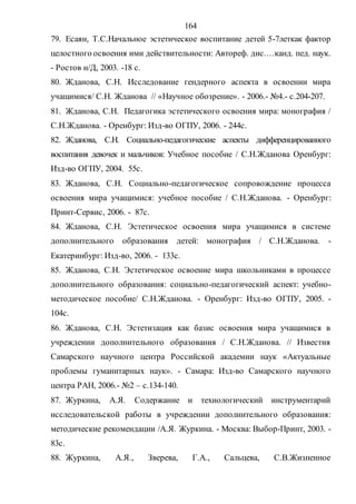 164
79. Есаян, Т.С.Начальное эстетическое воспитание детей 5-7леткак фактор
целостного освоения ими действительности: Автореф. дис.…канд. пед. наук.
- Ростов н/Д, 2003. -18 с.
80. Жданова, С.Н. Исследование гендерного аспекта в освоении мира
учащимися/ С.Н. Жданова // «Научное обозрение». - 2006.- №4.- с.204-207.
81. Жданова, С.Н. Педагогика эстетического освоения мира: монография /
С.Н.Жданова. - Оренбург: Изд-во ОГПУ, 2006. - 244с.
82. Жданова, С.Н. Социально-педагогические аспекты дифференцированного
воспитания девочек и мальчиков: Учебное пособие / С.Н.Жданова Оренбург:
Изд-во ОГПУ, 2004. 55с.
83. Жданова, С.Н. Социально-педагогическое сопровождение процесса
освоения мира учащимися: учебное пособие / С.Н.Жданова. - Оренбург:
Принт-Сервис, 2006. - 87с.
84. Жданова, С.Н. Эстетическое освоения мира учащимися в системе
дополнительного образования детей: монография / С.Н.Жданова. -
Екатеринбург: Изд-во, 2006. - 133с.
85. Жданова, С.Н. Эстетическое освоение мира школьниками в процессе
дополнительного образования: социально-педагогический аспект: учебно-
методическое пособие/ С.Н.Жданова. - Оренбург: Изд-во ОГПУ, 2005. -
104с.
86. Жданова, С.Н. Эстетизация как базис освоения мира учащимися в
учреждении дополнительного образования / С.Н.Жданова. // Известия
Самарского научного центра Российской академии наук «Актуальные
проблемы гуманитарных наук». - Самара: Изд-во Самарского научного
центра РАН, 2006.- №2 – с.134-140.
87. Журкина, А.Я. Содержание и технологический инструментарий
исследовательской работы в учреждении дополнительного образования:
методические рекомендации /А.Я. Журкина. - Москва: Выбор-Принт, 2003. -
83с.
88. Журкина, А.Я., Зверева, Г.А., Сальцева, С.В.Жизненное
Copyright ОАО «ЦКБ «БИБКОМ» & ООО «Aгентство Kнига-Cервис»
 