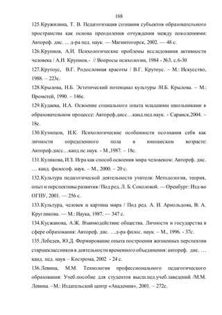 168
125.Кружилина, Т. В. Педагогизация сознания субъектов образовательного
пространства как основа преодоления отчуждения между поколениями:
Автореф. дис. ... д-ра пед. наук. — Магнитогорск, 2002. — 48 с.
126.Крупнов, А.И. Психологические проблемы исследования активности
человека / А.И. Крупнов.- // Вопросы психологии, 1984 - №3, с.6-30
127.Крутоус, В.Г. Родословная красоты / В.Г. Крутоус. – М.: Искусство,
1988. – 223с.
128.Крылова, Н.Б. Эстетический потенциал культуры /Н.Б. Крылова. – М.:
Прометей, 1990. – 146с.
129.Кудаева, И.А. Освоение социального опыта младшими школьниками в
образовательном процессе: Автореф.дисс…канд.пед.наук. - Саранск,2004. –
18с.
130.Кузнецов, И.К. Психологические особенности осознания себя как
личности определенного пола в юношеском возрасте:
Автореф.дисс…канд.пс.наук. - М.,1987. – 18с.
131.Куликова, И.З. Игра как способ освоения мира человеком: Автореф. дис.
… канд. философ. наук. – М., 2000. – 20 с.
132.Культура педагогической деятельности учителя: Методология, теория,
опыти перспективы развития /Под ред. Л. Б. Соколовой. — Оренбург: Изд-во
ОГПУ, 2001. — 256 с.
133.Культура, человек и картина мира / Под ред. А. И. Арнольдова, В. А.
Кругликова. — М.: Наука, 1987. — 347 с.
134.Кусжанова, А.Ж. Взаимодействие общества. Личности и государства в
сфере образования: Автореф. дис. …д-ра филос. наук. – М., 1996. - 37с.
135.Лебедев, Ю.Д. Формирование опыта построения жизненных перспектив
старшеклассников в деятельностивременного объединения:автореф. дис. …
канд. пед. наук – Кострома, 2002 - 24 с.
136.Левина, М.М. Технология профессионального педагогического
образования: Учеб.пособие для студентов высш.пед.учеб.заведений /М.М.
Левина. –М.: Издательский центр «Академия», 2001. – 272с.
Copyright ОАО «ЦКБ «БИБКОМ» & ООО «Aгентство Kнига-Cервис»
 