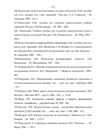 173
186.Педагогика: педагогическиетеории, системы, технологии: Учеб. пособие
для студ. средних пед. учеб. заведений / Под ред. С.А. Смирнова. - М.:
Академия, 1998. - 512 с.
187.Педагогика: Учеб. пособие для студентов педагогических учебных
заведений /Под ред. Н.И.Болдырева. – М. 1968 – 450с.
188. Педагогика: Учебное пособие для студентов педагогических вузов и
педагогических колледжей /Под ред. П.И. Пидкасистого. - М.: РПА, 1995. –
346 с.
189.Педагогическаяподдержкаребёнкав образовании:учеб. пособие для студ.
высш. учеб. заведений / Н.Н. Михайлова, С.М. Юсфин, Е.А. Александрова [и
др.];Под ред. В.А. Сластёнина,И.А. Колесниковой; науч. ред Н.Б. Крылова. –
М.: Академия, 2006. – 288 с.
190.Петровский, А.В. Психология развивающейся личности /А.В.
Петровский. – М.: Просвещение, 1987 – 238с.
191.Петровский, В.А. Принцип отраженнойсубъектностив психологическом
исследовании личности /В.А. Петровский. -// Вопросы психологии. -1985.-
№4.
192.Петрунина, М.А. Формирование социальной активности школьника в
эстетическойдеятельности: автореф. дис. … канд. пед. наук –Оренбург, 2006
- 23 с.
193.Петухов, В.В. Образ мира и психологическое изучение мышления / В.В.
Петухов.- //Вестник МГУ. - сер.14, 1984. - №4 .- с. 19-26
194. Печко, Л.П. Эстетическое освоение природы в процессе формирования
личности.: Автореф.дисс….д-ра филос.наук, М., 1994 – 40c.
195.Пильдес, И.В. Педагогические основы построения образовательных
программ в УДО: автореф. дис. … канд. пед. наук – СПб, 2000 – 18 с.
196.Писарев, Д.И. Влияние искусства на воспитание // Избр.пед.соч. /Д.И.
Писарев. – М.. 1990. – с.23-71
197.Платонов К. К. Структура и развитие личности /К.К. Платонов. — М.:
Наука, 1986. — 255 с.
Copyright ОАО «ЦКБ «БИБКОМ» & ООО «Aгентство Kнига-Cервис»
 