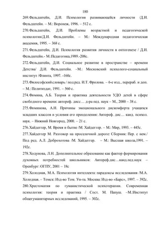 180
269.Фельдштейн, Д.И. Психология развивающейся личности /Д.И.
Фельдштейн. – М.: Воронеж, 1996. – 512 с.
270.Фельдштейн, Д.И. Проблемы возрастной и педагогической
психологии/Д.И. Фельдштейн. – М.: Международная педагогическая
академия, 1995. – 368 с.
271.Фельдштейн, Д.И. Психология развития личности в онтогенезе / Д.И.
Фельдштейн.- М.:Педагогика,1989.-208с.
272.Фельдштейн, Д.И. Социальное развитие в пространстве – времени
Детства/ Д.И. Фельдштейн. –М.: Московский психолого-социальный
институт /Флинта, 1997. -160с.
273.Философскийсловарь / под ред. И.Т. Фролова. – 6-е изд., перераб. и доп.
– М.: Политиздат, 1991. – 560 с.
274.Фомина, А.Б. Теория и практика деятельности УДО детей в сфере
свободного времени: автореф. дисс… д-ра пед. наук – М., 2000 – 38 с.
275.Фоминова, А.Н. Причины эмоционального дискомфорта учащихся
младших классов и условия его преодоления: Автореф. дис… канд. психол.
наук. – Нижний Новгород, 2000. – 21 с.
276.Хайдеггер, М. Время и бытие /М. Хайдеггер. – М.: Мир, 1993. – 445с.
277.Хайдеггер М. Разговор на проселочной дороге: Сборник: Пер. с нем./
Под ред. А.Л. Доброхотова /М. Хайдеггер. – М.: Высшая школа,1991. –
192с.
278.Ходунова, Л.Н. Дополнительное образование как фактор формирования
духовных потребностей школьников: Автореф.дис…канд.пед.наук –
Оренбург: ОГПУ, 2001 – 18с
279.Холодная, М.А. Психология интеллекта: парадоксы исследования /М.А.
Холодная. – Томск: Изд-во Том. Ун-та. Москва: Изд-во «Барс», 1997. – 392с.
280.Хрестоматия по гуманистической психотерапии. Современная
психология: теория и практика / Сост. М. Папуш. –М.:Институт
общегуманитарных исследований, 1995. – 302с.
Copyright ОАО «ЦКБ «БИБКОМ» & ООО «Aгентство Kнига-Cервис»
 