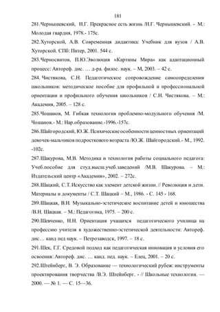 181
281.Чернышевский, Н.Г. Прекрасное есть жизнь /Н.Г. Чернышевский. - М.:
Молодая гвардия, 1978.- 175с.
282.Хуторской, А.В. Современная дидактика: Учебник для вузов / А.В.
Хуторской. СПб: Питер, 2001. 544 с.
283.Черносвитов, П.Ю.Эволюция «Картины Мира» как адаптационный
процесс: Автореф. дис. … д-ра. филос. наук. – М, 2003. – 42 с.
284. Чистякова, С.Н. Педагогическое сопровождение самоопределения
школьников: методическое пособие для профильной и профессиональной
ориентации и профильного обучения школьников / С.Н. Чистякова. – М.:
Академия, 2005. – 128 с.
285.Чошанов, М. Гибкая технология проблемно-модульного обучения /М.
Чошанов.- М.: Нар.образование.-1996.-157с.
286.Шайгородский, Ю.Ж. Психическиеособенностиценностных ориентаций
девочек-мальчиков подросткового возраста /Ю.Ж. Шайгородский.- М., 1992.
-102с.
287.Шакурова, М.В. Методика и технология работы социального педагога:
Учеб.пособие для студ.высш.учеб.заведений /М.В. Шакурова. – М.:
Издательский центр «Академия», 2002. – 272с.
288.Шацкий, С.Т. Искусство как элемент детской жизни. // Революция и дети.
Материалы и документы / С.Т. Шацкий – М., 1986. - С. 145 - 168.
289.Шацкая, В.Н. Музыкально-эстетическое воспитание детей и юношества
/В.Н. Шацкая. – М.: Педагогика, 1975. – 200 с.
290.Шевченко, Н.Н. Ориентация учащихся педагогического училища на
профессию учителя в художественно-эстетической деятельности: Автореф.
дис… канд пед наук. – Петрозаводск, 1997. – 18 с.
291.Шек, Г.Г. Средовой подход как педагогическая инновация и условия его
освоения: Автореф. дис. … канд. пед. наук. – Елец, 2001. – 20 с.
292.Штейнберг, В. Э. Образование — технологический рубеж: инструменты
проектирования творчества /В.Э. Штейнберг. - // Школьные технологии. —
2000. — № 1. — С. 15—36.
Copyright ОАО «ЦКБ «БИБКОМ» & ООО «Aгентство Kнига-Cервис»
 