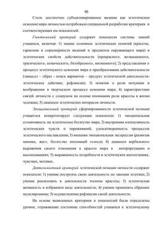80
Столь достаточно субъективированное явление как эстетическое
освоениемира личностьюпотребовало специальной разработки критериев и
соответствующих им показателей.
Гностический критерий содержит показатели системы знаний
учащихся, включая: 1) знание основных эстетических понятий (красоты,
гармонии и соразмерности явлений и предметов окружающего мира) и
эстетических свойств действительности (прекрасного, возвышенного,
трагического, комического, безобразного, низменного); 2) представления о
процессе эстетического освоения мира и преобразования действительности
(замысел – образ - поиск вариантов – продукт эстетической деятельности-
эстетическое действие, рефлексия); 3) понятия о роли интуиции и
воображения в творческом процессе освоения мира; 4) характеристики
связей личности с социумом на основе понимания роли красоты в жизни
человека; 5) диапазон эстетических интересов личности.
Эмоциональный критерий сформированности эстетической позиции
учащегося конкретизирует следующие показатели: 1) эмоциональная
отзывчивость на эстетическое богатство мира, 2) внутренняя интенсивность
эстетических чувств и переживаний, удовлетворенность процессом
эстетического наслаждения;3) внешняя эмоциональная экспрессия (развитая
мимика, жест, богатство интонаций голоса); 4) диапазон вербального
выражения своего отношения к красоте мира в интерпретациях и
высказываниях; 5) выраженность потребности в эстетических впечатлениях,
чувствах, мотивах.
Деятельностный критерий эстетической позиции личности содержит
показатели: 1) умение построить свою деятельность по законам эстетики; 2)
умение реализовать в деятельности эталоны красоты; 3) эстетическая
активность в избранном виде деятельности; 4) умение применять образное
моделирование; 5) осуществление рефлексии своей деятельности.
На основе выявленных критериев и показателей были определены
уровни, отражающие состояние способностей учащихся к эстетическому
Copyright ОАО «ЦКБ «БИБКОМ» & ООО «Aгентство Kнига-Cервис»
 