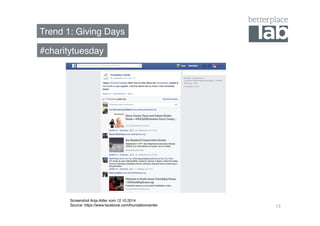 Trend 1: Giving Days! 
13 
#charitytuesday! 
Screenshot Anja Adler vom 12.10.2014! 
Source: https://www.facebook.com/foundationcenter! 
 