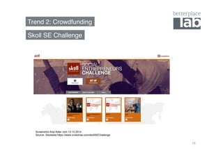 Trend 2: Crowdfunding! 
15 
Skoll SE Challenge! 
Screenshot Anja Adler vom 12.10.2014! 
Source: Startseite https://www.crowdrise.com/skollSEChallenge! 
 