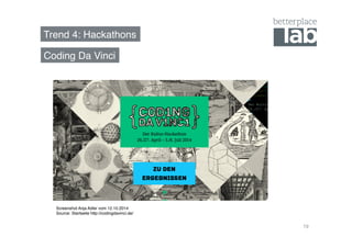 Trend 4: Hackathons! 
19 
Coding Da Vinci! 
Screenshot Anja Adler vom 12.10.2014! 
Source: Startseite http://codingdavinci.de/! 
 