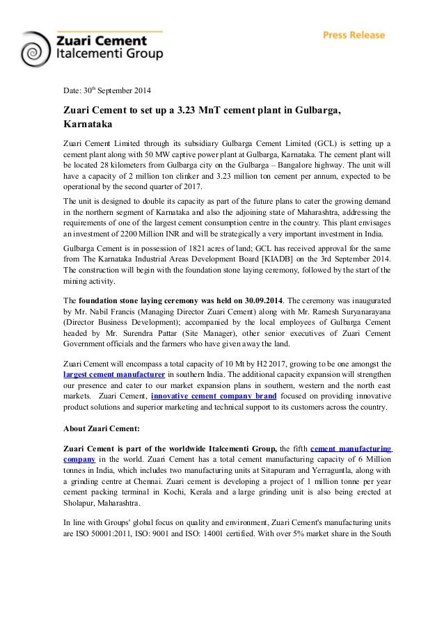 Zuari cement to set up a 3.23 mn t cement plant in gulbarga, karnataka