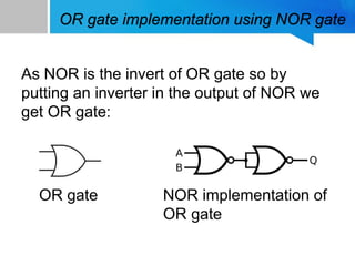 OR gate implementation using NOR gate
As NOR is the invert of OR gate so by
putting an inverter in the output of NOR we
get OR gate:
OR gate NOR implementation of
OR gate
 