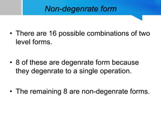 Non-degenrate form
• There are 16 possible combinations of two
level forms.
• 8 of these are degenrate form because
they degenrate to a single operation.
• The remaining 8 are non-degenrate forms.
 