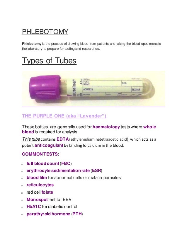 Phlebotomy Tube Color Test Chart