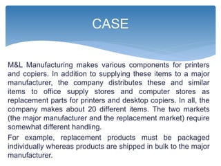 M&L Manufacturing makes various components for printers
and copiers. In addition to supplying these items to a major
manufacturer, the company distributes these and similar
items to office supply stores and computer stores as
replacement parts for printers and desktop copiers. In all, the
company makes about 20 different items. The two markets
(the major manufacturer and the replacement market) require
somewhat different handling.
For example, replacement products must be packaged
individually whereas products are shipped in bulk to the major
manufacturer.
CASE
 