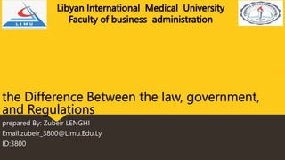 Libyan International Medical University
Faculty of business administration
the Difference Between the law, government,
and Regulations
prepared By: Zubeir LENGHI
Email:zubeir_3800@Limu.Edu.Ly
ID:3800
 