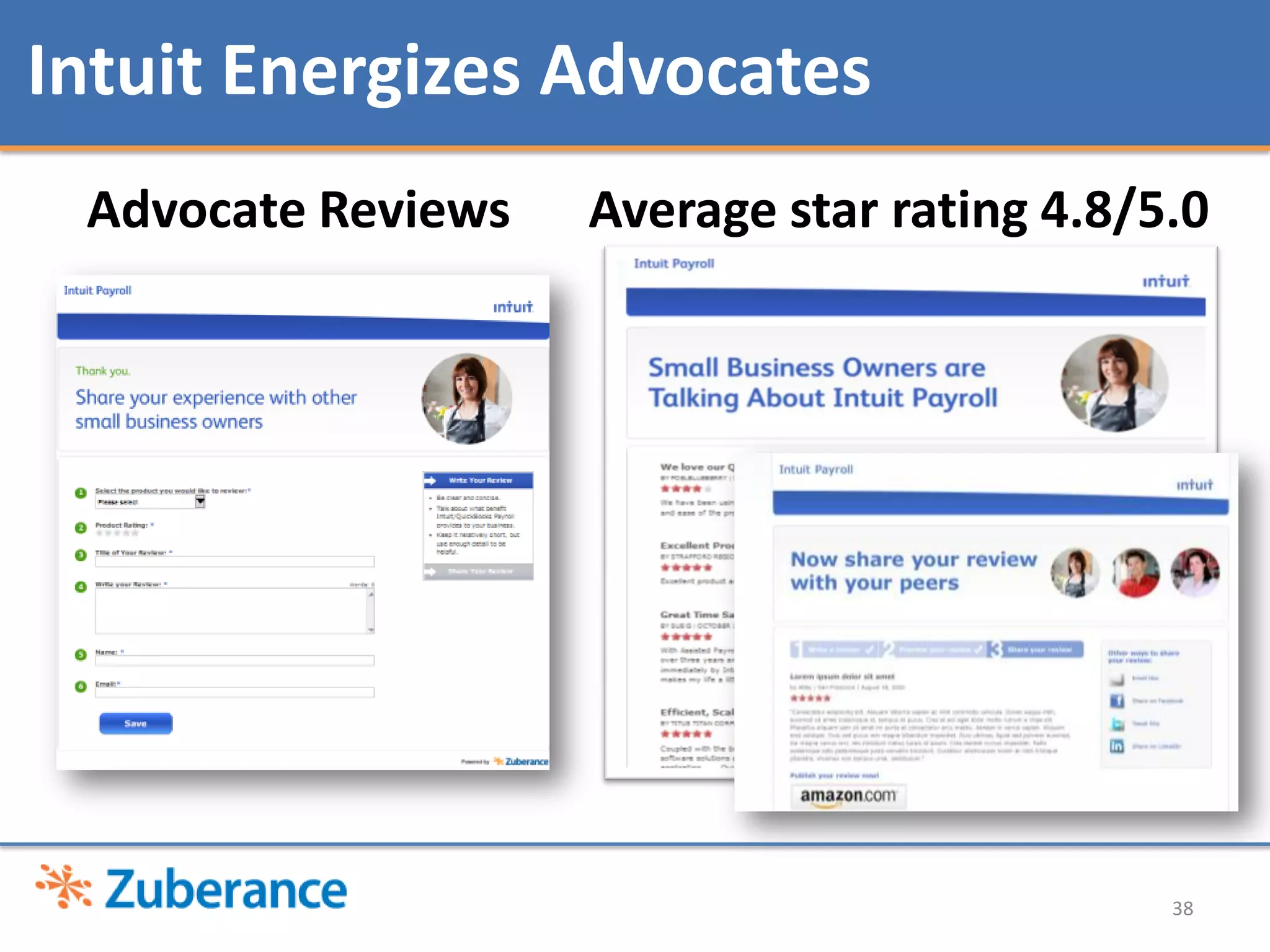 Intuit Energizes Advocates
 Advocate Reviews   Average star rating 4.8/5.0




                                             38
 