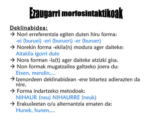 Deklinabidea:
 Nori erreferentzia egiten duten hiru forma:
  -ei (buruei) -eri (burueri) -er (buruer)
 Norekin forma -ekila(n) modura ager daiteke:
  Aitakila igorri dute
 Nora forman -la(t) ager daiteke atzizki gisa.
 Non formak mugatzailea galtzeko joera du:
  Etxen, mendin,...
 Izenordeen deklinabidean -ene bitartez adierazten da
  nire.
 Forma indartzeko metodoak:
  NIHAUR (neu) NIHAURRE (neuk)
 Erakusleetan o/u alternantzia ematen da:
  Hunek, hunen,...
 
