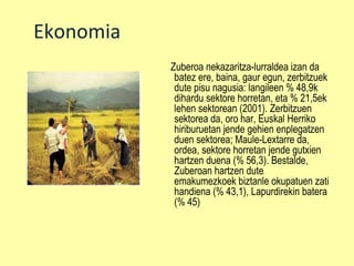 Ekonomia
           Zuberoa nekazaritza-lurraldea izan da
            batez ere, baina, gaur egun, zerbitzuek
            dute pisu nagusia: langileen % 48,9k
            dihardu sektore horretan, eta % 21,5ek
            lehen sektorean (2001). Zerbitzuen
            sektorea da, oro har, Euskal Herriko
            hiriburuetan jende gehien enplegatzen
            duen sektorea; Maule-Lextarre da,
            ordea, sektore horretan jende gutxien
            hartzen duena (% 56,3). Bestalde,
            Zuberoan hartzen dute
            emakumezkoek biztanle okupatuen zati
            handiena (% 43,1), Lapurdirekin batera
            (% 45)
 