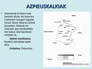 AZPIEUSKALKIAK
•   Zuberotarrek bi hizkera mota
    bereizten dituzte, eta hauek ere
    zubereraren ezaugarri nagusiak
    hartzen dituzte. Baita ere zenbait
    berezitasun. Badaude ere
    Zuberoako ipar-mendebaldeko
    herri batzuk nafar-lapurterara
    hurbiltzen da.
          -Alderdi menditsukoa:
    Basabürü eskualdean egiten
    dena.
          -Ordokikoa: Pettarrekoa
 
