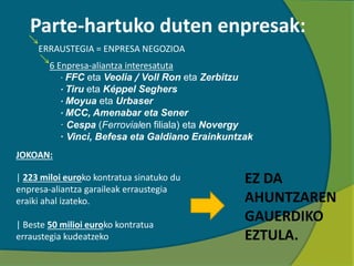 Parte-hartuko duten enpresak:
ERRAUSTEGIA = ENPRESA NEGOZIOA
6 Enpresa-aliantza interesatuta
· FFC eta Veolia / Voll Ron eta Zerbitzu
· Tiru eta Képpel Seghers
· Moyua eta Urbaser
· MCC, Amenabar eta Sener
· Cespa (Ferrovialen filiala) eta Novergy
· Vinci, Befesa eta Galdiano Erainkuntzak
JOKOAN:
| 223 miloi euroko kontratua sinatuko du
enpresa-aliantza garaileak erraustegia
eraiki ahal izateko.
| Beste 50 milioi euroko kontratua
erraustegia kudeatzeko
EZ DA
AHUNTZAREN
GAUERDIKO
EZTULA.
 
