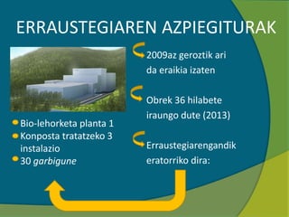 ERRAUSTEGIAREN AZPIEGITURAK
2009az geroztik ari
da eraikia izaten
Obrek 36 hilabete
iraungo dute (2013)
Erraustegiarengandik
eratorriko dira:
Bio-lehorketa planta 1
Konposta tratatzeko 3
instalazio
30 garbigune
 