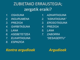 ZUBIETAKO ERRAUSTEGIA;
zergatik eraiki?
Kontra argudioak Argudioak
1. OSASUNA
2. INGURUMENA
3. PREZIOA
4. GARBITASUNA
5. LANA
6. ASEBETETZEA
7. ELKARTASUNA
8. ESPAZIOA
1. AZKARTASUNA
2. ”ASKATASUNA”
3. EROSOTASUNA
4. PREZIOA
5. LANA
7. ZABORRA
“DESAGERTU”
 