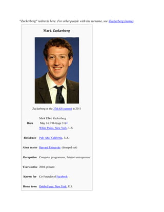 "Zuckerberg" redirects here. For other people with the surname, see Zuckerberg (name).
Mark Zuckerberg
Zuckerberg at the 37th G8 summit in 2011
Born
Mark Elliot Zuckerberg
May 14, 1984 (age 31)[1]
White Plains, New York, U.S.
Residence Palo Alto, California, U.S.
Alma mater Harvard University (dropped out)
Occupation Computer programmer, Internet entrepreneur
Years active 2004–present
Known for Co-Founder of Facebook
Home town Dobbs Ferry, New York, U.S.
 