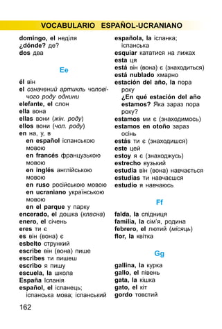162
VOCABULARIO ESPAÑOL-UCRANIANO
domingo, el неділя
¿dónde? де?
dos два
Ee
él він
el означений артикль чолові­
чого роду однини
elefante, el слон
ella вона
ellas вони (жін. роду)
ellos вони (чол. роду)
en на, у, в
en español іспанською
мовою
en francés французькою
мовою
en inglés англійською
мовою
en ruso російською мовою
en ucraniano українською
мовою
en el parque у парку
encerado, el дошка (класна)
enero, el січень
eres ти є
es він (вона) є
esbelto стрункий
escribe він (вона) пише
escribes ти пишеш
escribo я пишу
escuela, la школа
España Іспанія
español, el іспанець;
іспанська мова; іспанський
española, la іспанка;
іспанська
esquiar кататися на лижах
esta ця
está він (вона) є (знахо­дить­ся)
está nublado хмарно
estación del año, la пора
року
¿En qué estación del año
estamos? Яка зараз пора
року?
estamos ми є (знаходимось)
estamos en otoño зараз
осінь
estás ти є (знаходишся)
este цей
estoy я є (знаходжусь)
estrecho вузький
estudia він (вона) навчається
estudias ти навчаєшся
estudio я навчаюсь
Ff
falda, la спідниця
familia, la сім’я, родина
febrero, el лютий (місяць)
flor, la квітка
Gg
gallina, la курка
gallo, el півень
gata, la кішка
gato, el кіт
gordo товстий
 