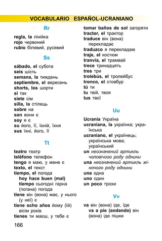 166
VOCABULARIO ESPAÑOL-UCRANIANO
Rr
regla, la лінійка
rojo червоний
rubio білявий, русявий
Ss
sábado, el субота
seis шість
semana, la тиждень
septiembre, el вересень
shorts, los шорти
sí так
siete сім
silla, la стілець
sobre на
son вони є
soy я є
su його, її, їхній, їхня
sus їхні, його, її
Tt
teatro театр
teléfono телефон
tengo я маю, у мене є
texto, el текст
tiempo, el погода
hoy hace buen (mal)
tiempo сьогодні гарна
(погана) погода
tiene він (вона) має, у нього
(у неї) є
tiene ocho años йому (їй)
вісім років
tienes ти маєш, у тебе є
tomar baños de sol загоряти
tractor, el трактор
traduce він (вона)
перекладає
traduzco я перекладаю
traje, el костюм
tranvía, el трамвай
trece тринадцять
tres три
trolebús, el тролейбус
tronco, el стовбур
tú ти
tu твій, твоя
tus твої
Uu
Ucrania Україна
ucraniana, la українка; укра­
їнська
ucraniano, el українець;
укра­їнська мова;
український
un неозначений артикль
чоло­вічого роду однини
una неозначений артикль жі­
но­чого роду однини
una одна
uno один
un poco трохи
Vv
va він (вона) іде, їде
va a pie (andando) він
(вона) іде пішки
 