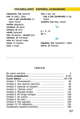167
VOCABULARIO ESPAÑOL-UCRANIANO
vaqueros, los джинси
vas ти ідеш, їдеш
vas a pie (andando) ти
ідеш пішки
veinte двадцять
ventana, la вікно
verano, el літо
verde зелений
vez, la (множ.: veces) раз
viernes, el п’ятниця
vive він (вона) живе
vives ти живеш
vivo я живу
voy я іду, їду
voy a pie (andando) я іду
пішки
vuestro (-а) ваш, ваша
Yy
y і, й, та
yo я
Zz
zapatos, los черевики, туфлі
zorra, la лисиця
I N D I C E
До уваги вчителя.............................................................. 	 3
Curso propedéutico......................................................... 	 6–45
Curso básico.................................................................... 	46–159
Unidad 1. Presentación..................................................... 	 46
Unidad 2. Soy alumno (alumna) .................................... 	 56
Unidad 3. Aprendo el español.......................................... 	 80
Unidad 4. ¿Dónde vives? ............................................. 	 90
Unidad 5. Nuestra familia ............................................. 	 114
Unidad 6. Mi amigo (amiga)............................................. 	 128
Unidad 7. Mi cuerpo.......................................................... 	 136
Unidad 8. Mi ropa.............................................................. 	 144
Unidad 9. Mis juguetes..................................................... 	 150
Unidad 10. El calendario................................................... 	 154
Vocabulario еspañol-ucraniano.......................................... 	 160
 
