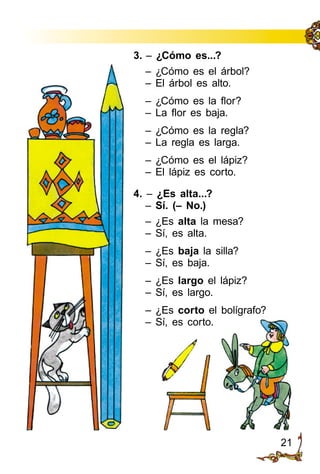 21
3. – ¿Cómo es...?
– ¿Cómo es el árbol?
– El árbol es alto.
– ¿Cómo es la flor?
– La flor es baja.
– ¿Cómo es la regla?
– La regla es larga.
– ¿Cómo es el lápiz?
– El lápiz es corto.
4. – ¿Es alta...?
– Sí. (– No.)
– ¿Es alta la mesa?
– Sí, es alta.
– ¿Es baja la silla?
– Sí, es baja.
– ¿Es largo el lápiz?
– Sí, es largo.
– ¿Es corto el bolígrafo?
– Sí, es corto.
 