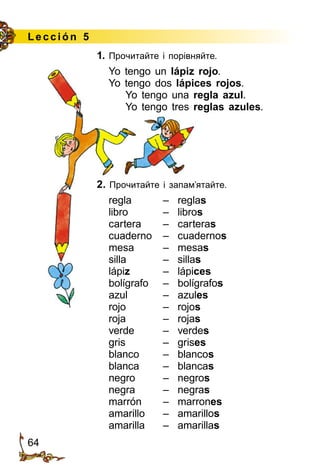 64
Le cción 5
1. Прочитайте і порівняйте.
Yo tengo un lápiz rojo.
Yo tengo dos lápices rojos.
Yo tengo una regla azul.
Yo tengo tres reglas azules.
2. Прочитайте і запам’ятайте.
regla 	 –	 reglas
libro 	 –	 libros
cartera 	 –	 carteras
cuaderno 	 –	 cuadernos
mesa 	 –	 mesas
silla 	 –	 sillas
lápiz 	 –	 lápices
bolígrafo 	 –	 bolígrafos
azul 	 –	 azules
rojo 	 –	 rojos
roja 	 –	 rojas
verde 	 –	 verdes
gris 	 –	 grises
blanco	 –	 blancos
blanca	 –	 blancas
negro	 –	 negros
negra	 –	 negras
marrón	 –	 marrones
amarillo	 –	 amarillos
amarilla	 –	 amarillas
 